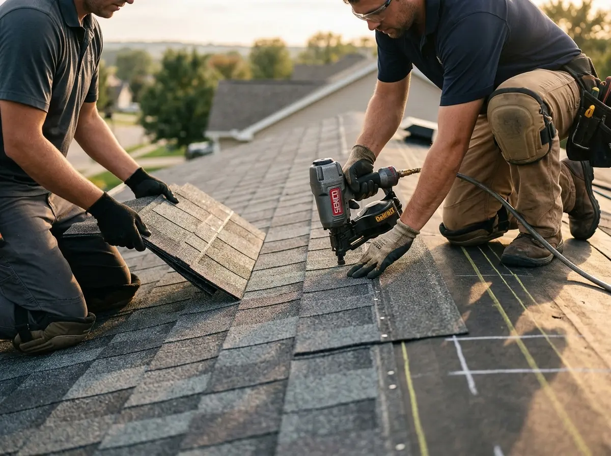 Professional roofer working on a residential roof in Kings Park West